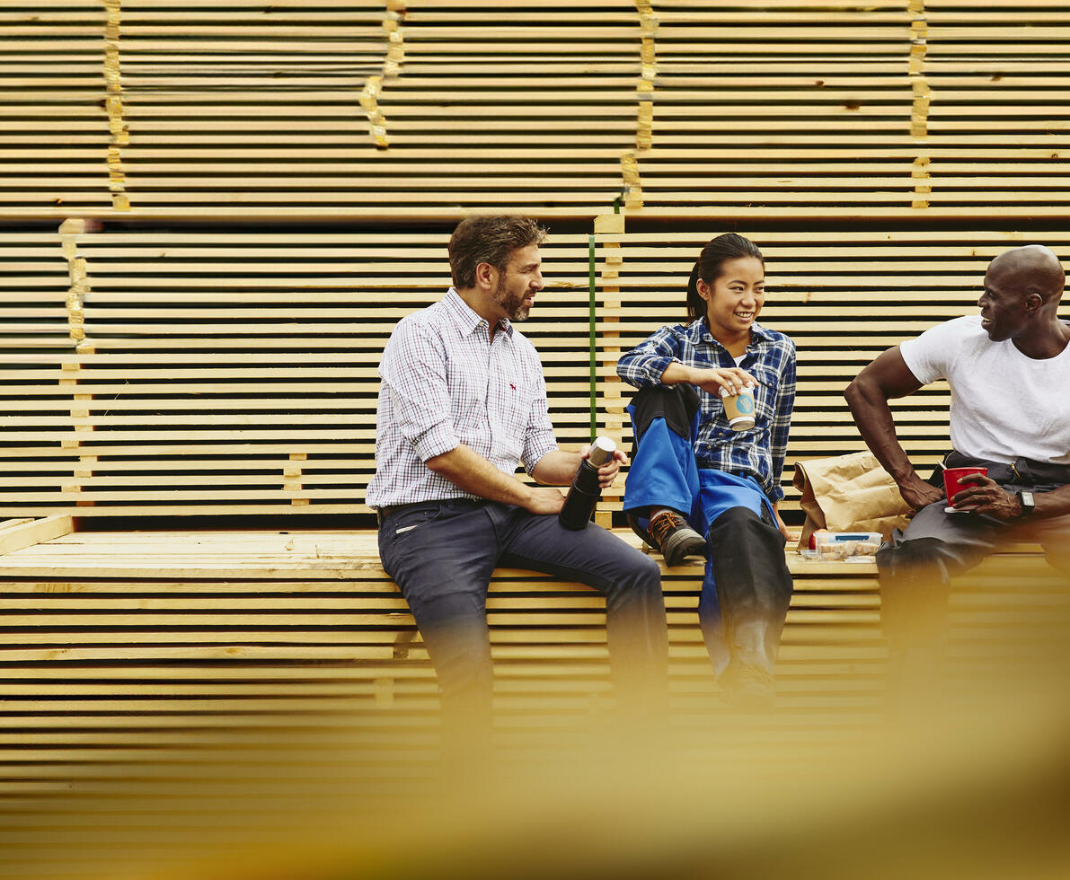 Three colleagues having a laugh during a lunch break while sitting on a pile of wood.
Three colleagues having a laugh during a lunch break while sitting on a pile of wood.
